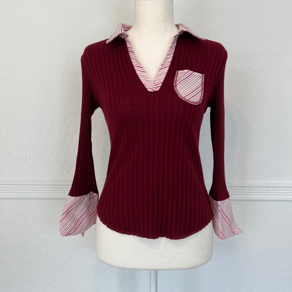 vintage y2k office siren red collared 3/4 sleeve top with striped accents